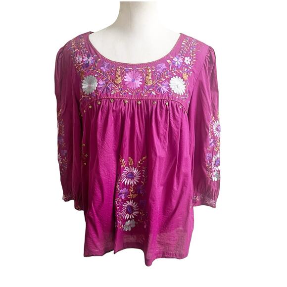 Eci New York Embroidered Bohemian Peasant Blouse Purple Size XL Embellished - Picture 1 of 14